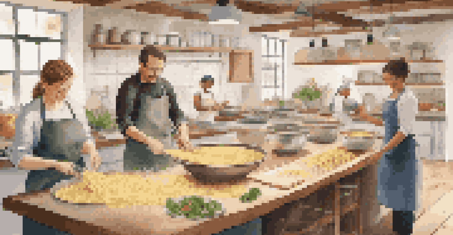 A cooking class with a chef teaching pasta making, filled with fresh ingredients and enthusiastic students in a bright kitchen.