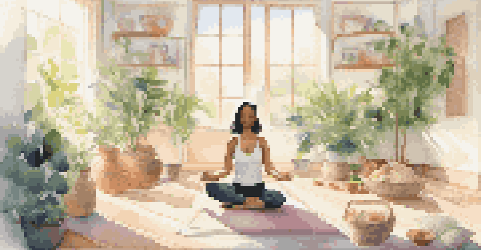 A woman practicing yoga in a sunlit room with soft pillows, light greenery, and a tray of infused water and healthy snacks, promoting mindfulness.
