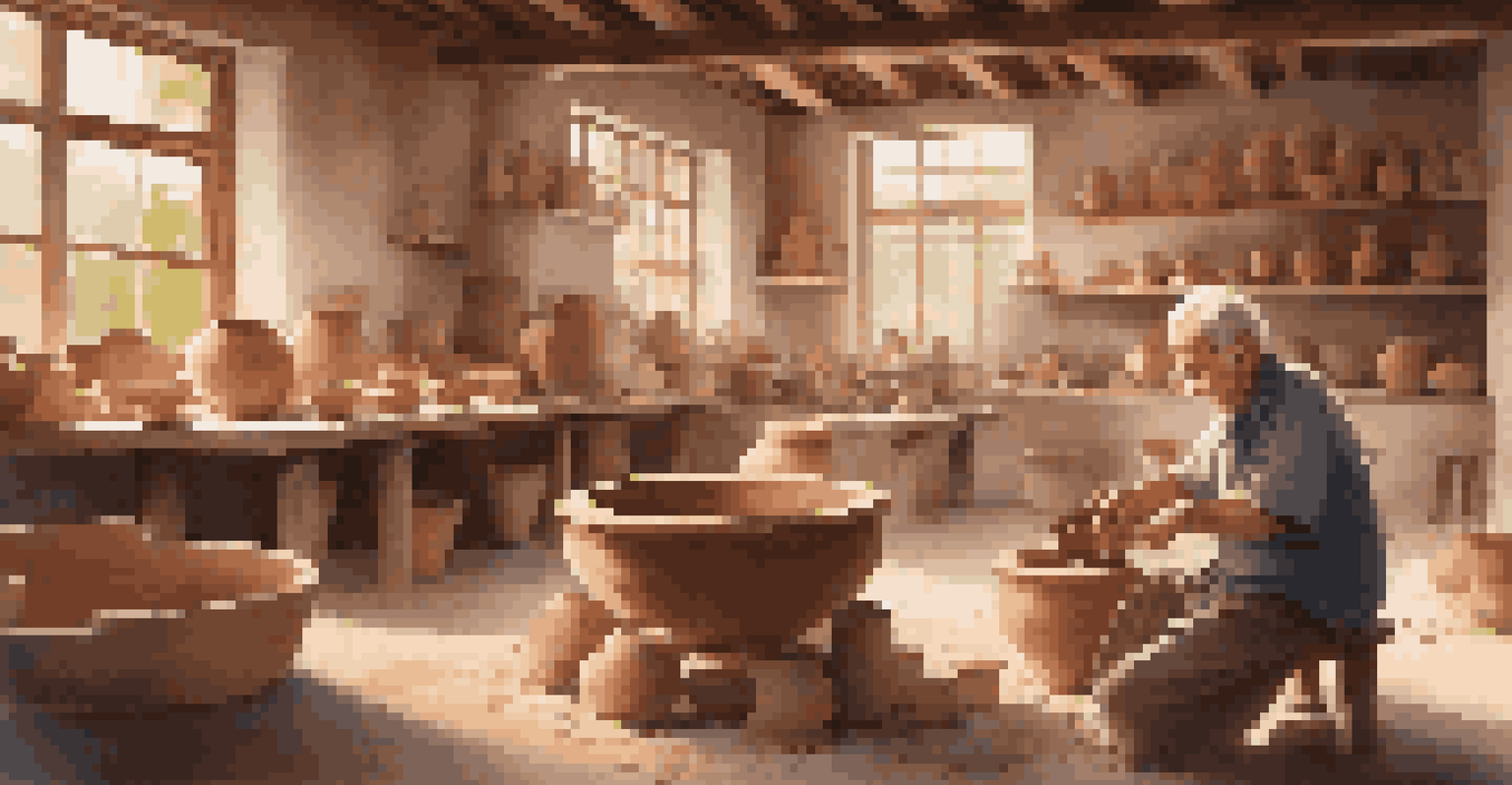 An elderly man teaching pottery techniques in a rustic studio filled with clay and tools, illuminated by natural light.