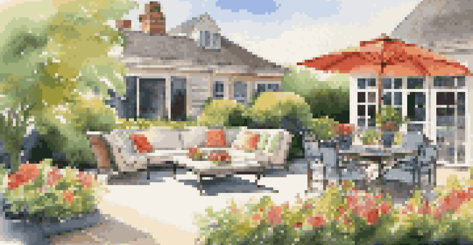 A picturesque outdoor patio with lush landscaping, colorful flowers, and comfortable seating under a clear blue sky.