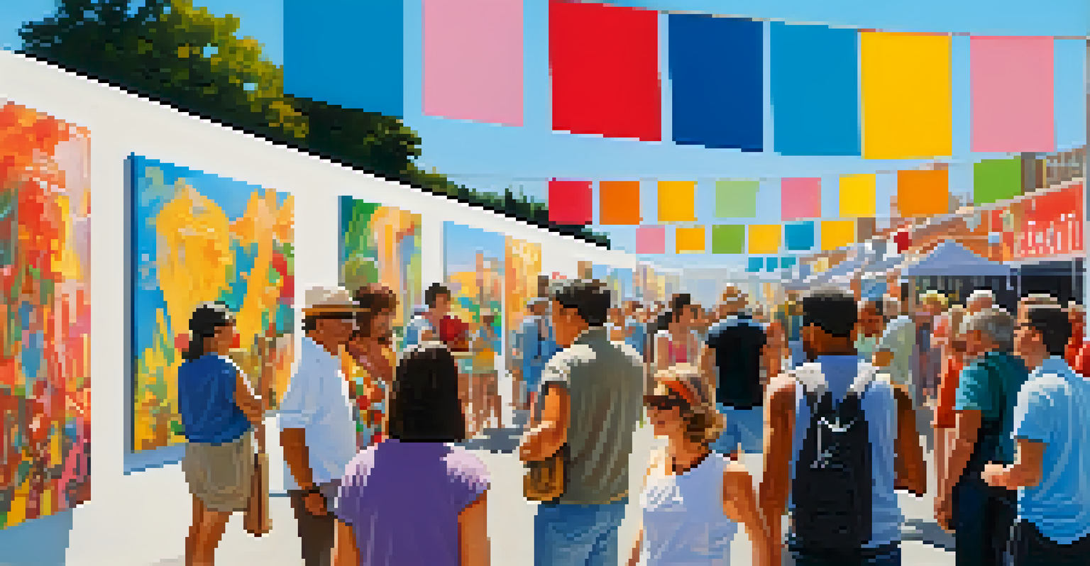 An outdoor art fair with artists showcasing their colorful artworks and people admiring them.