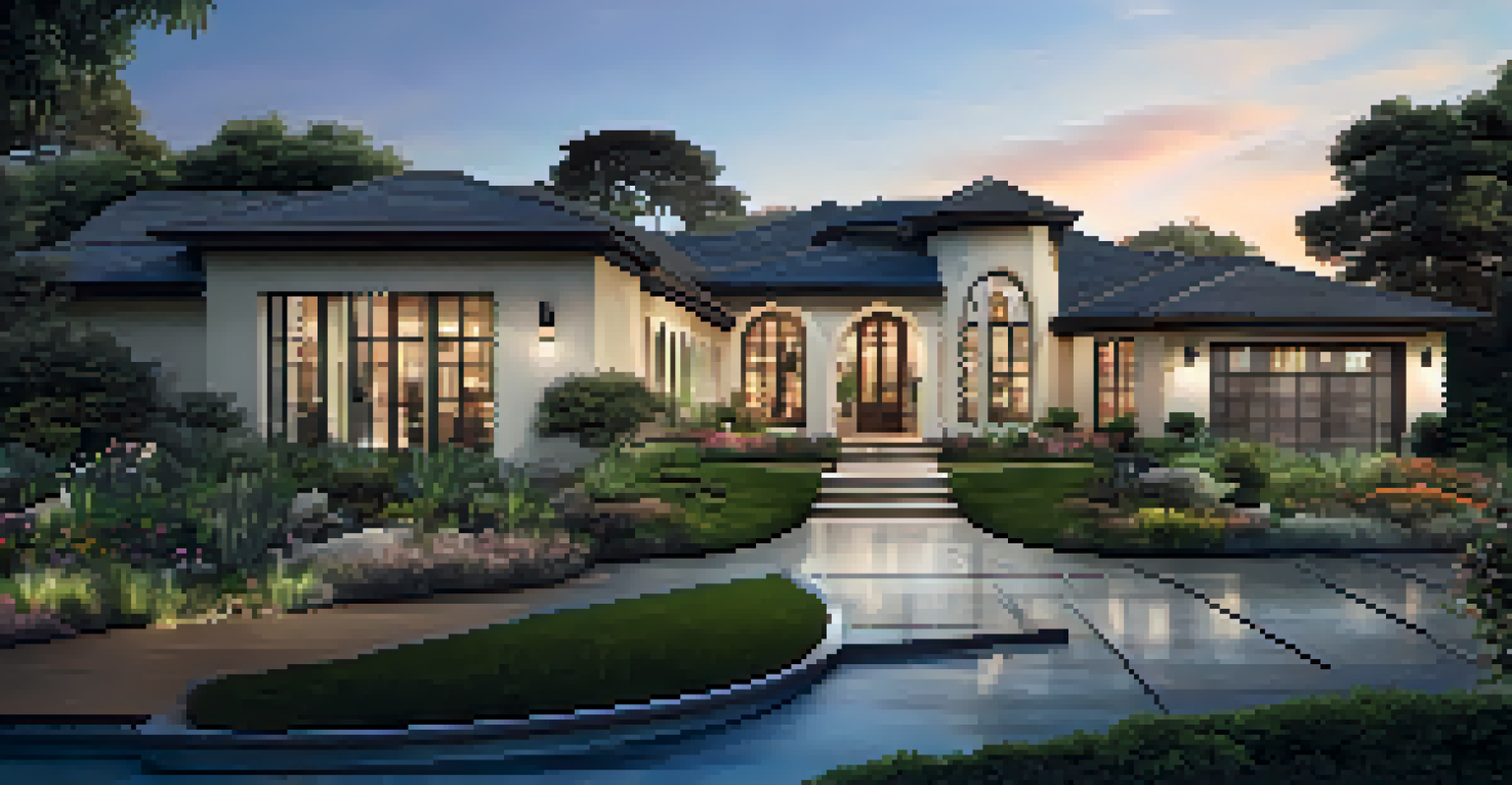 A luxury home with smart technology features and a beautifully landscaped garden, viewed during sunset.