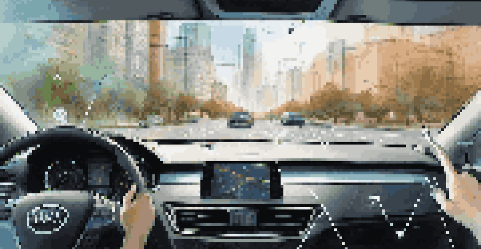 An advanced augmented reality navigation system on a car windshield, showing directional arrows and traffic information.