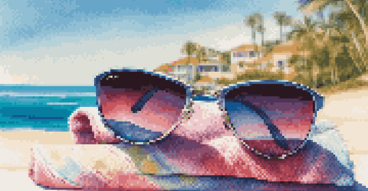 Chic sunglasses on a sunlit beach towel, with a stunning ocean view in the background, reflecting the blue sky.