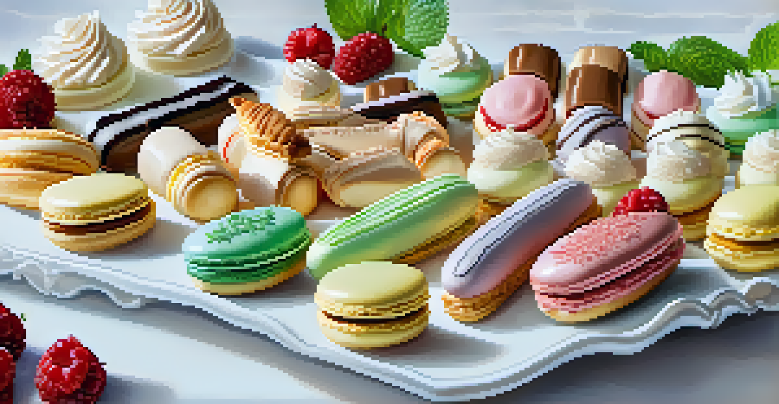 A display of French pastries including macarons and éclairs arranged on a white platter, surrounded by berries.