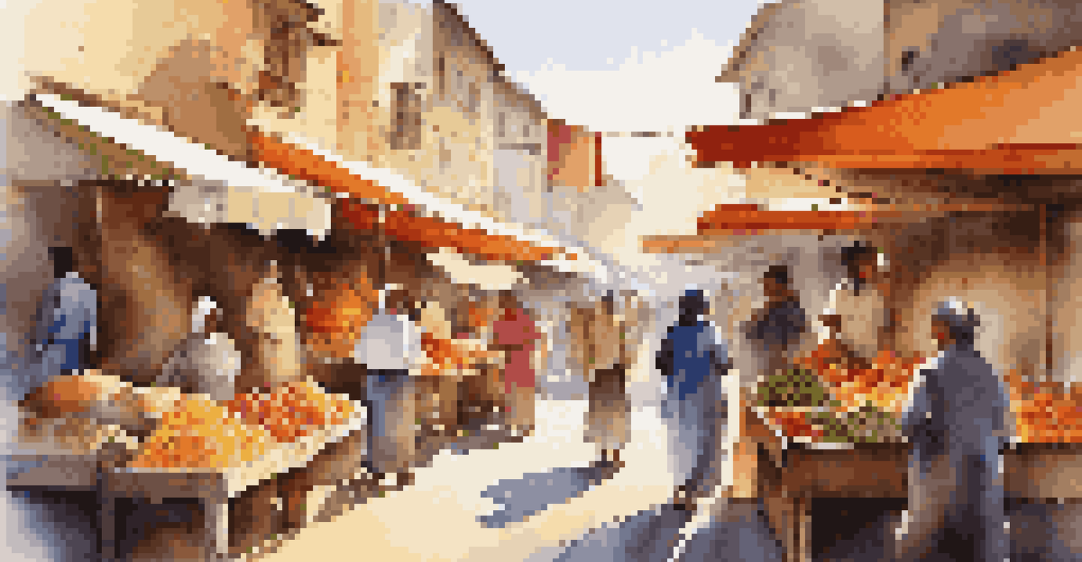 A lively street market filled with colorful stalls and people, showcasing fresh produce and crafts.