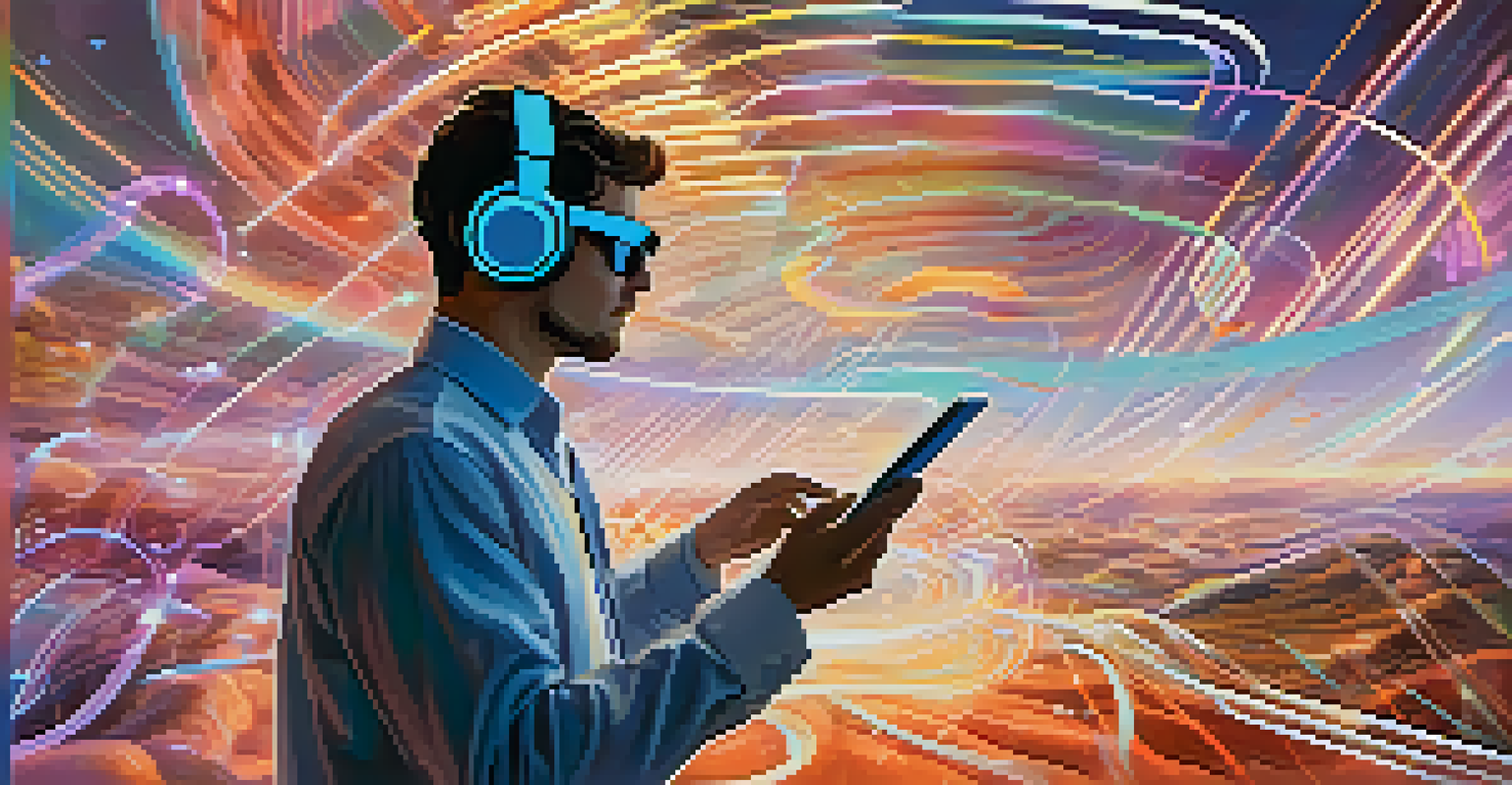 A person in augmented reality glasses interacting with audio waves and luxury brand visuals in a futuristic digital landscape.