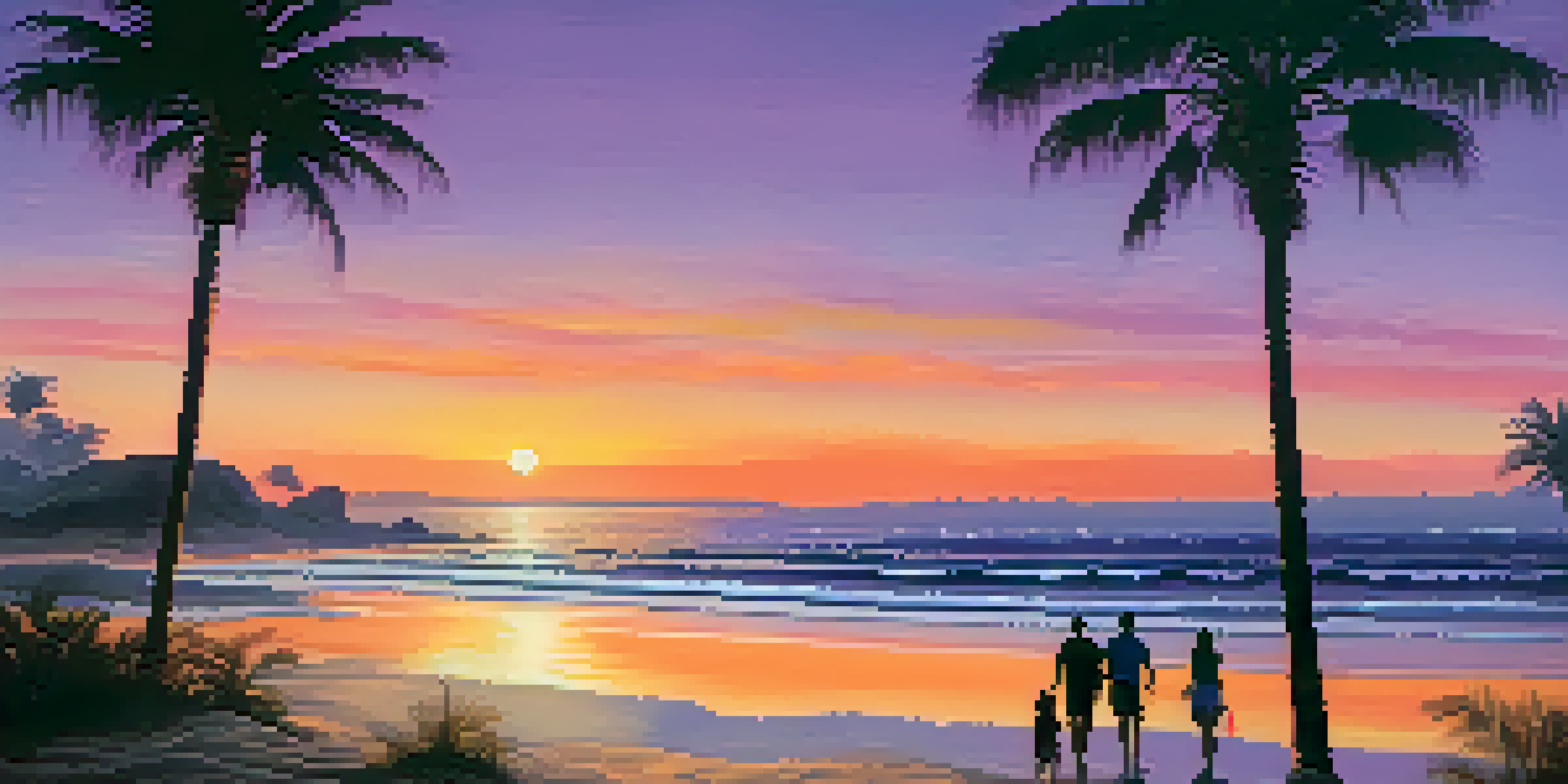 A sunset view of a tranquil beach with palm trees and a couple walking on the sand.