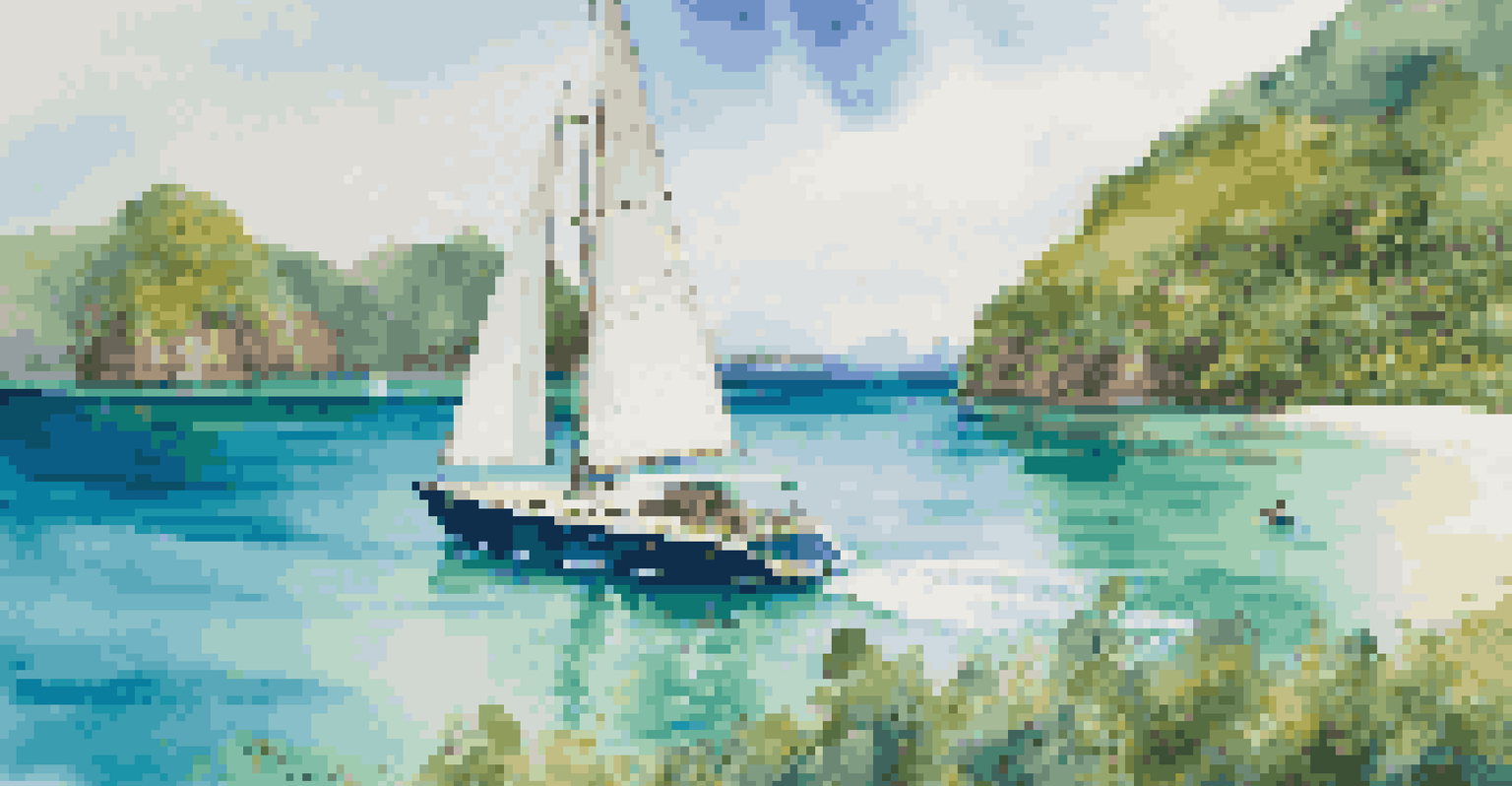 A private yacht sailing in clear waters with lush green islands in the background and people engaging in water sports nearby.