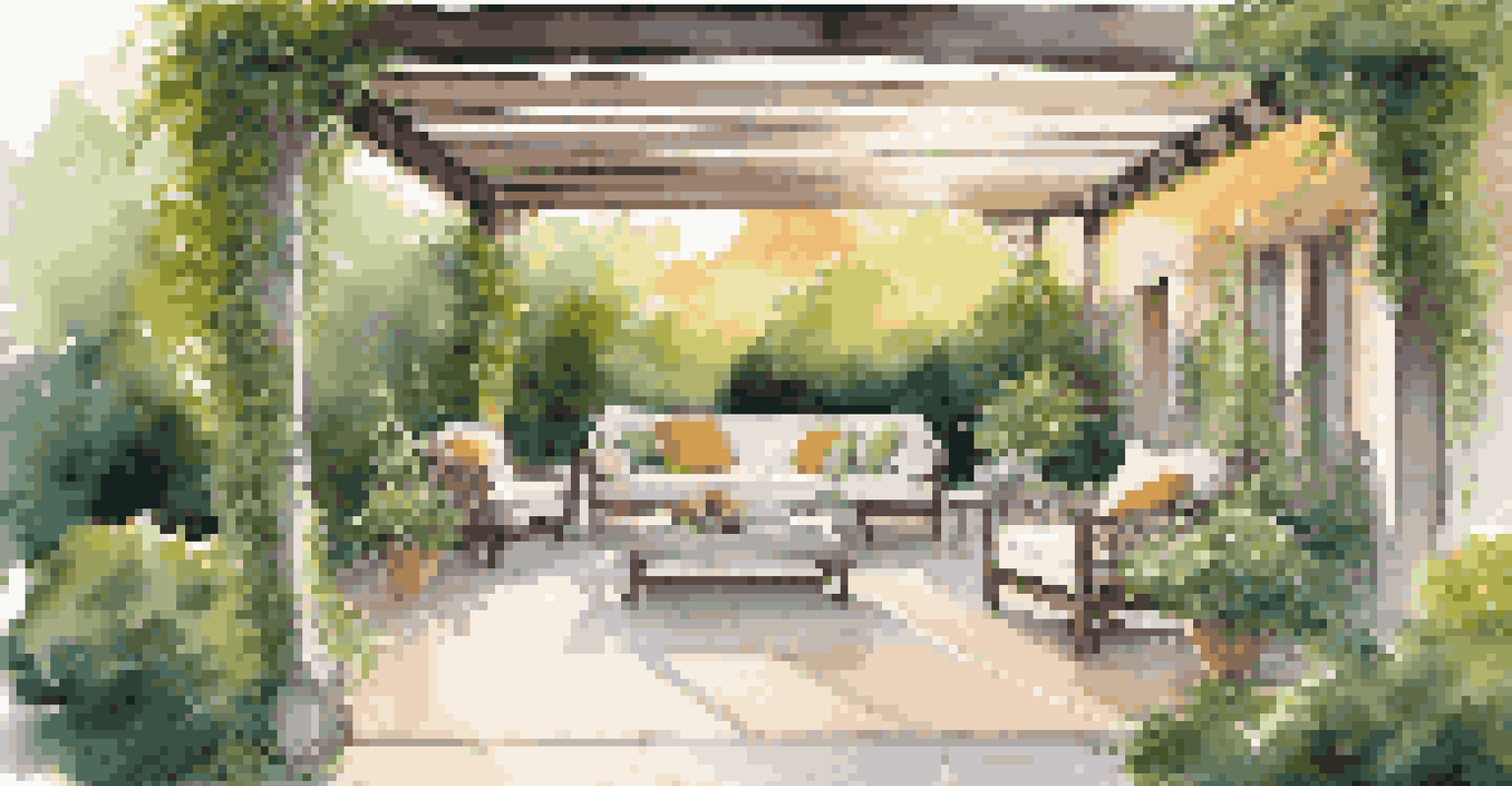 A chic outdoor patio in a luxury garden with comfortable furniture and lush greenery, enhanced by soft evening lighting.