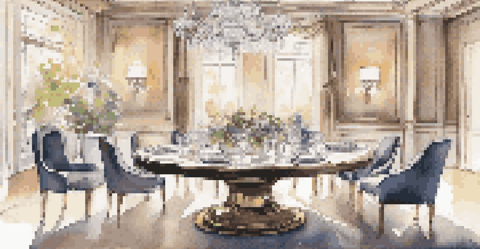 A luxurious dining experience with a beautifully set table, ambient lighting, and guests enjoying a meal, featuring a smart speaker in the decor.