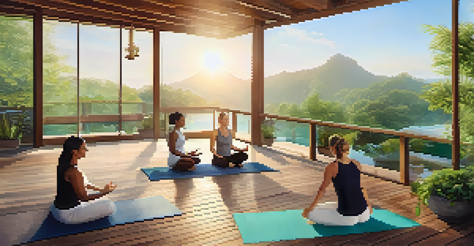 Participants practicing yoga on a sunlit deck surrounded by lush greenery and calming water features, emphasizing wellness and relaxation.