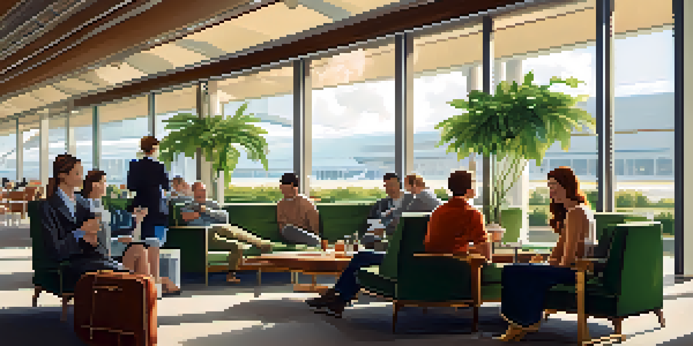 A diverse group of travelers at an airport lounge, smiling and talking in a cozy setting with plants and natural light.