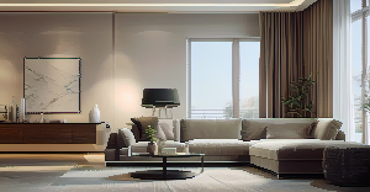 A stylish living room featuring a marble coffee table and a high-end washing machine, with cleaning products nearby.