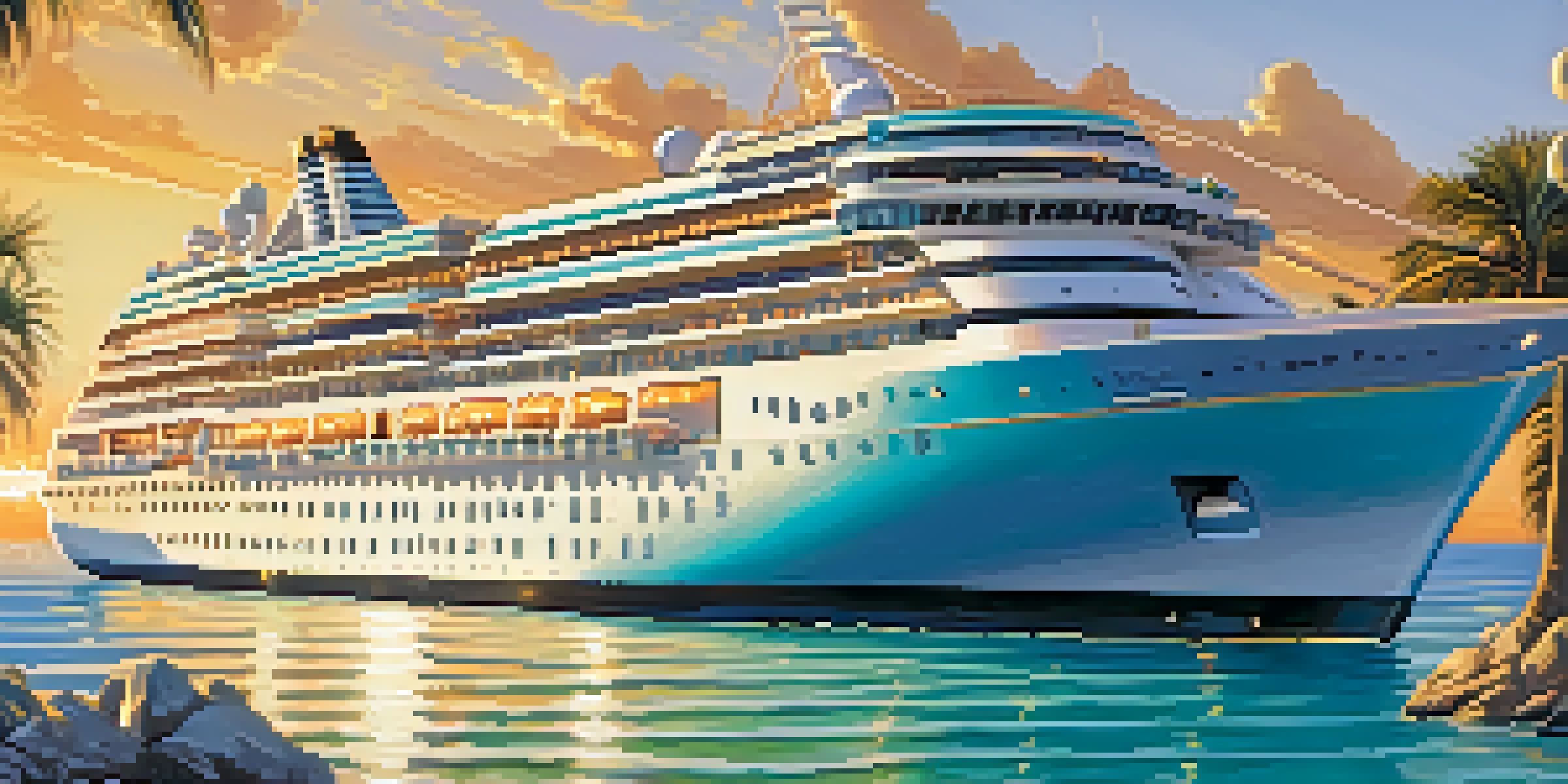 A luxury cruise ship sailing in turquoise waters during sunset, with passengers enjoying drinks on the deck.