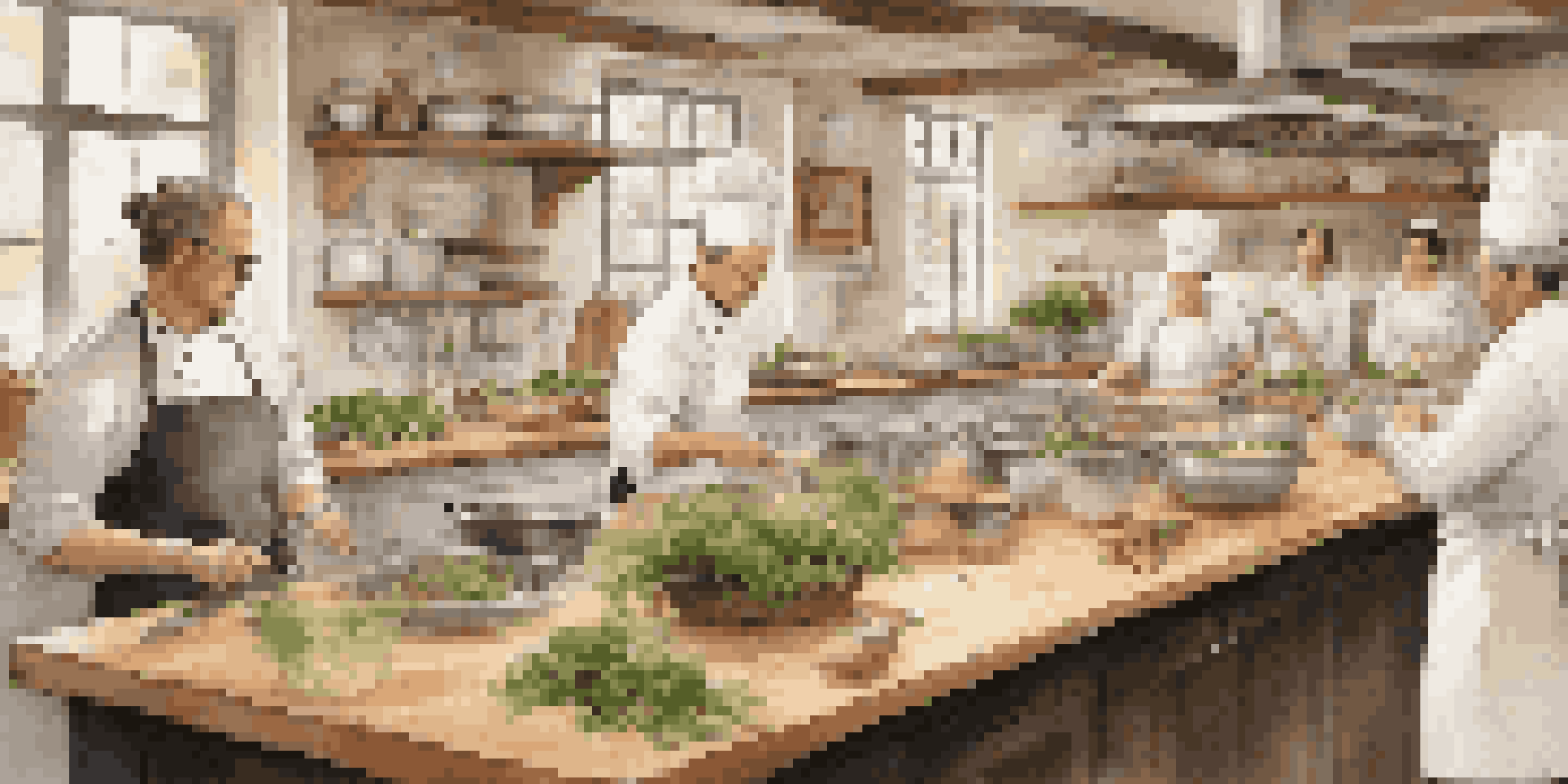 A professional chef teaching in a luxurious kitchen, surrounded by attentive participants and fresh herbs.