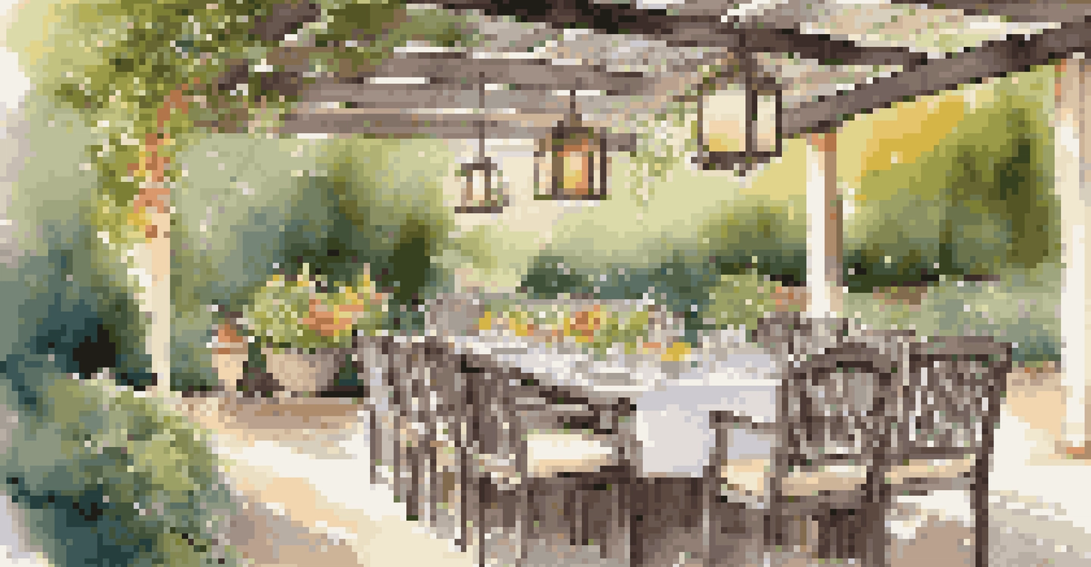 An outdoor dining area under a pergola with a beautifully set table, surrounded by a garden and soft ambient lighting.