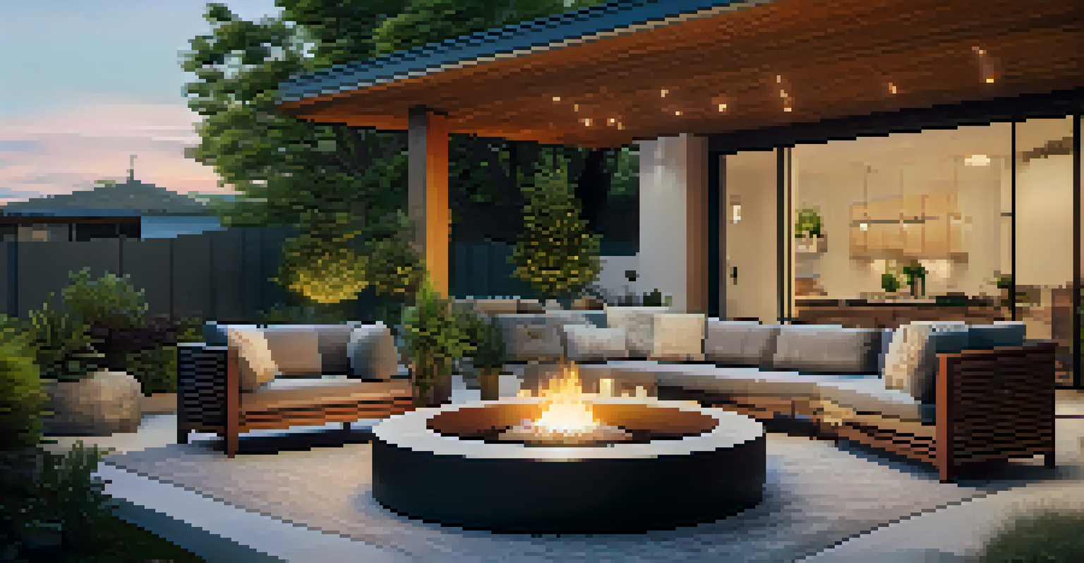 A modern outdoor living space with a stylish patio, cozy fire pit, and lush greenery, set during twilight for a warm ambiance.