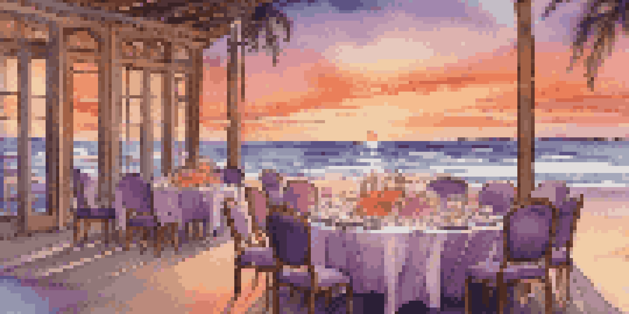 A romantic beachfront dining scene during sunset with gourmet food and elegant table settings.