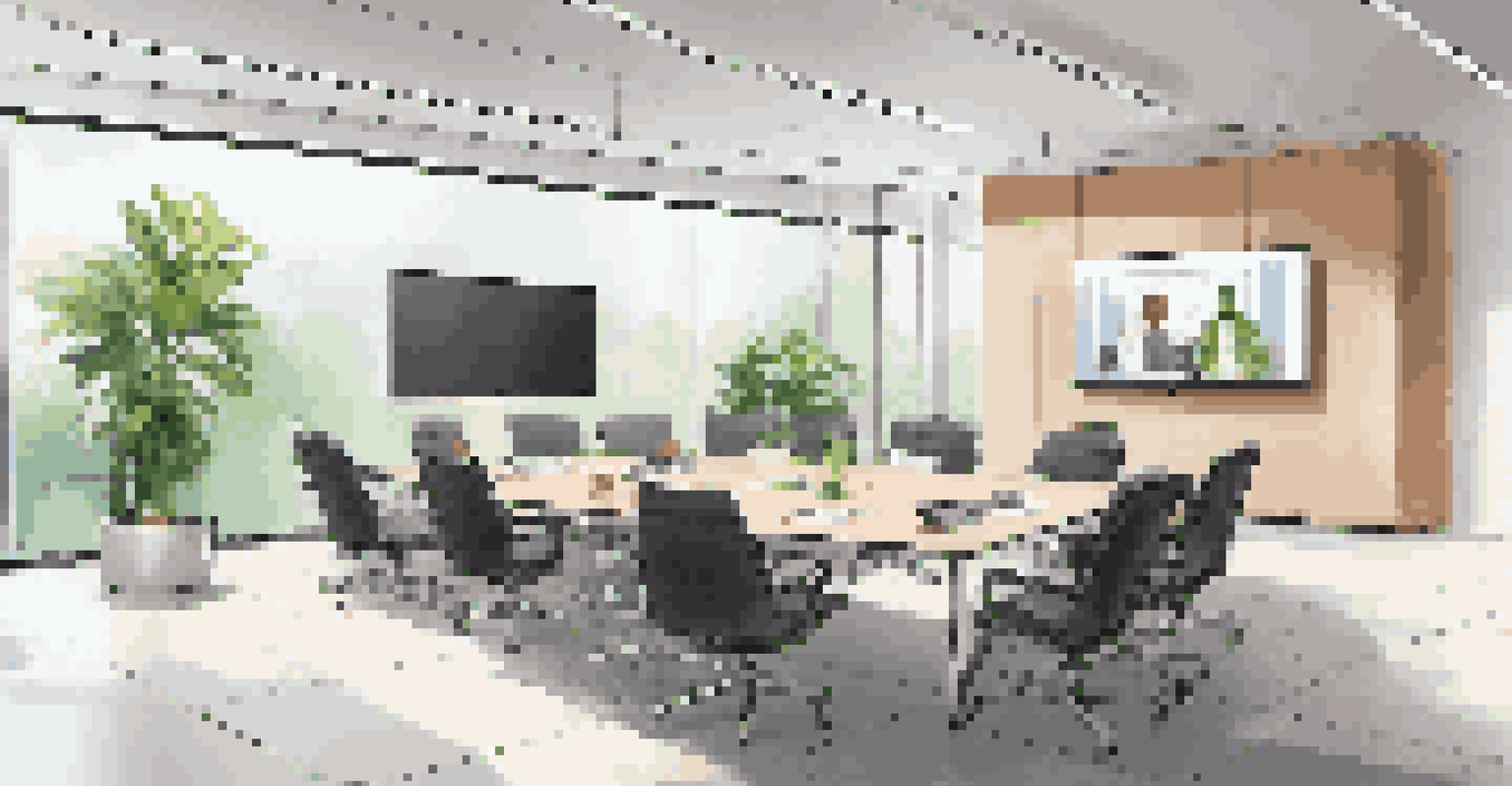 A modern meeting room with a conference table, comfortable chairs, a large screen for virtual meetings, and vibrant decor.