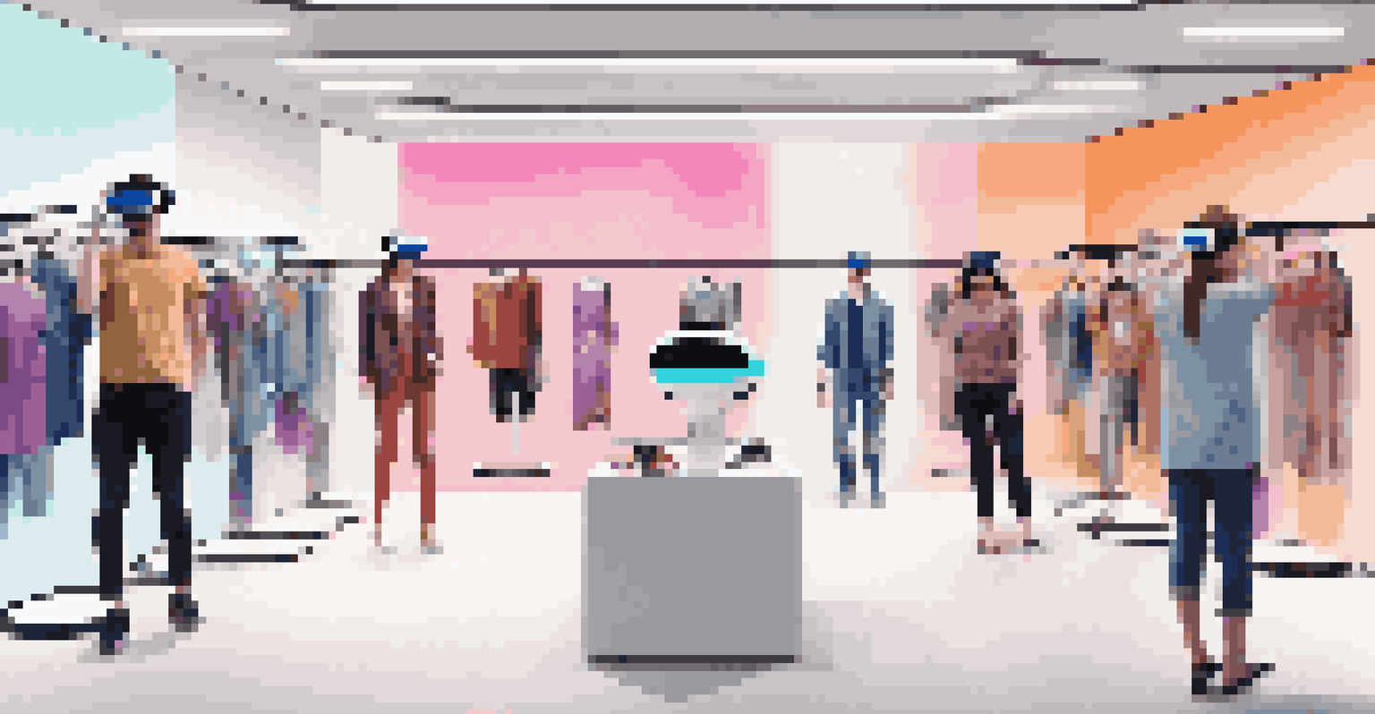 Shoppers using virtual reality headsets to try on clothes in a modern fashion store, surrounded by digital clothing displays.