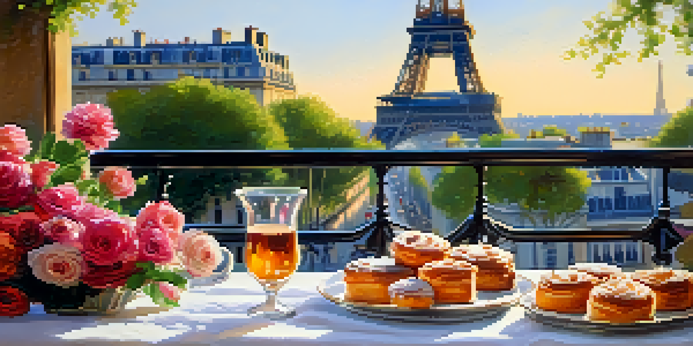 A charming outdoor bistro in Paris with pastries on a table and the Eiffel Tower in the background.