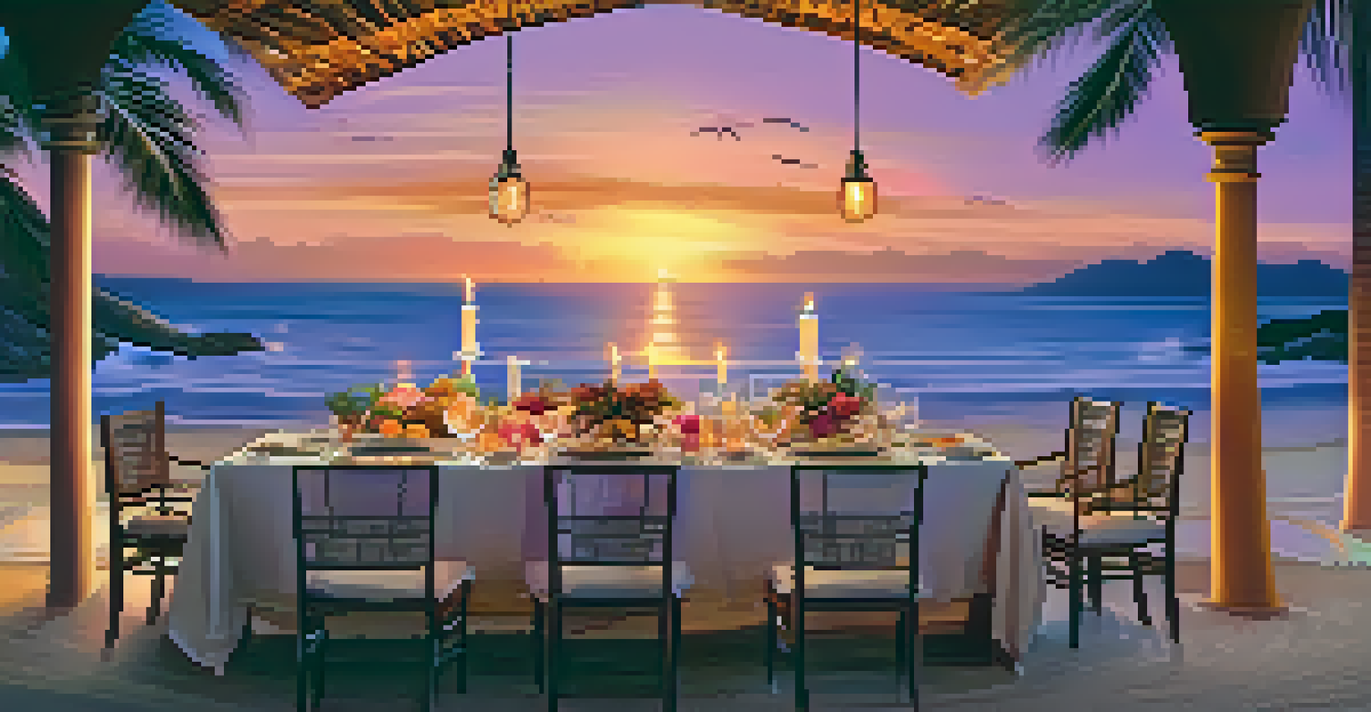 A romantic beach dining setup at sunset with a table of organic dishes and candlelight.