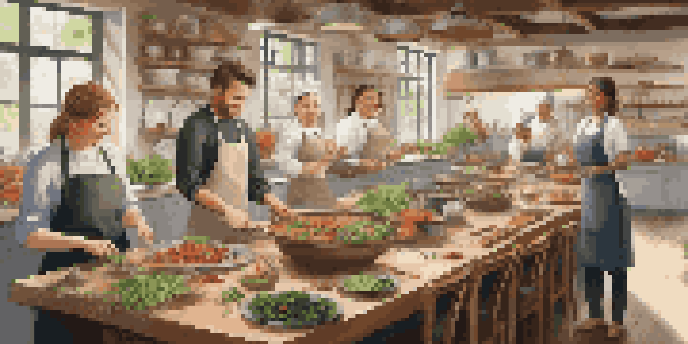 A luxury cooking class in a bright kitchen with participants cooking and a variety of fresh ingredients on the table.