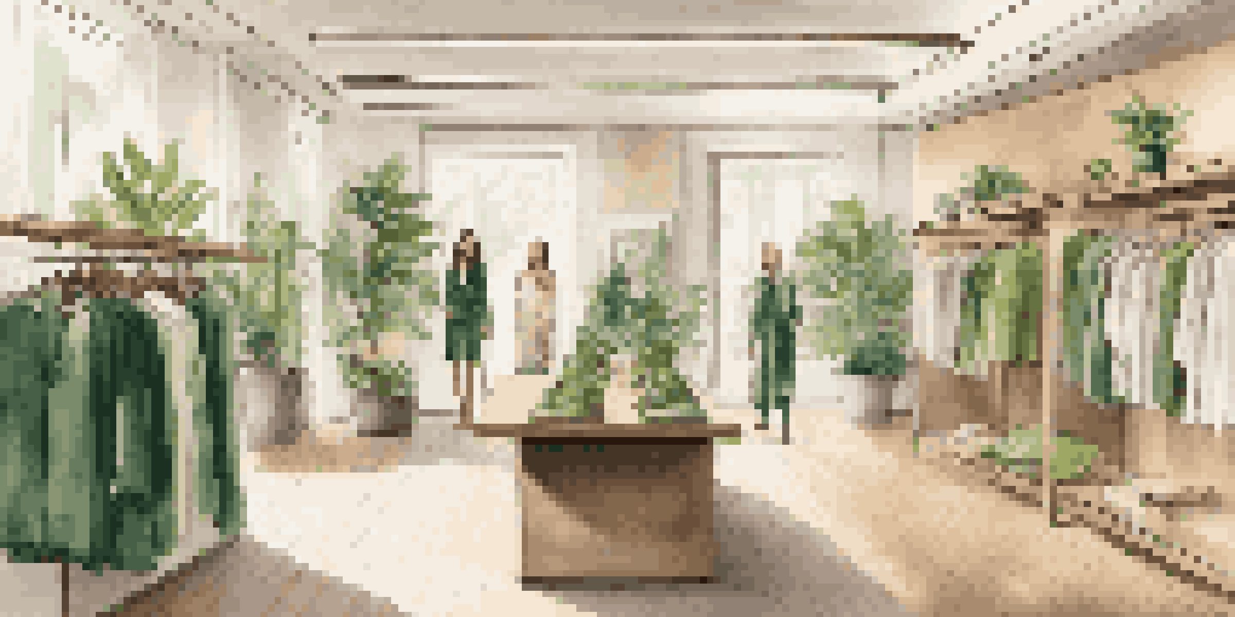 An upscale boutique interior displaying sustainable fashion with eco-friendly clothing, warm lighting, and green plants.