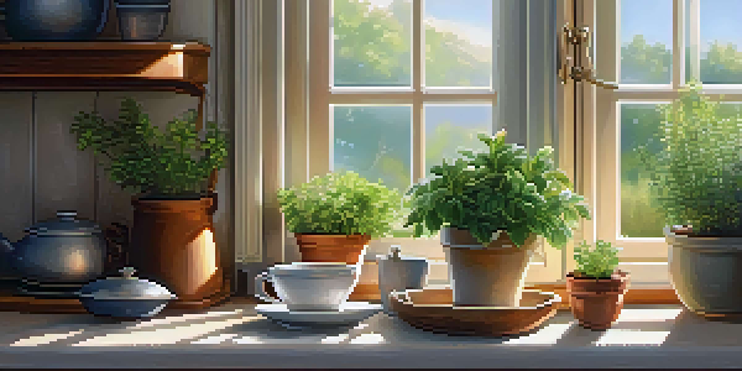 A cozy kitchen bathed in soft sunlight, featuring a steaming cup of tea and a small herb garden on the windowsill.