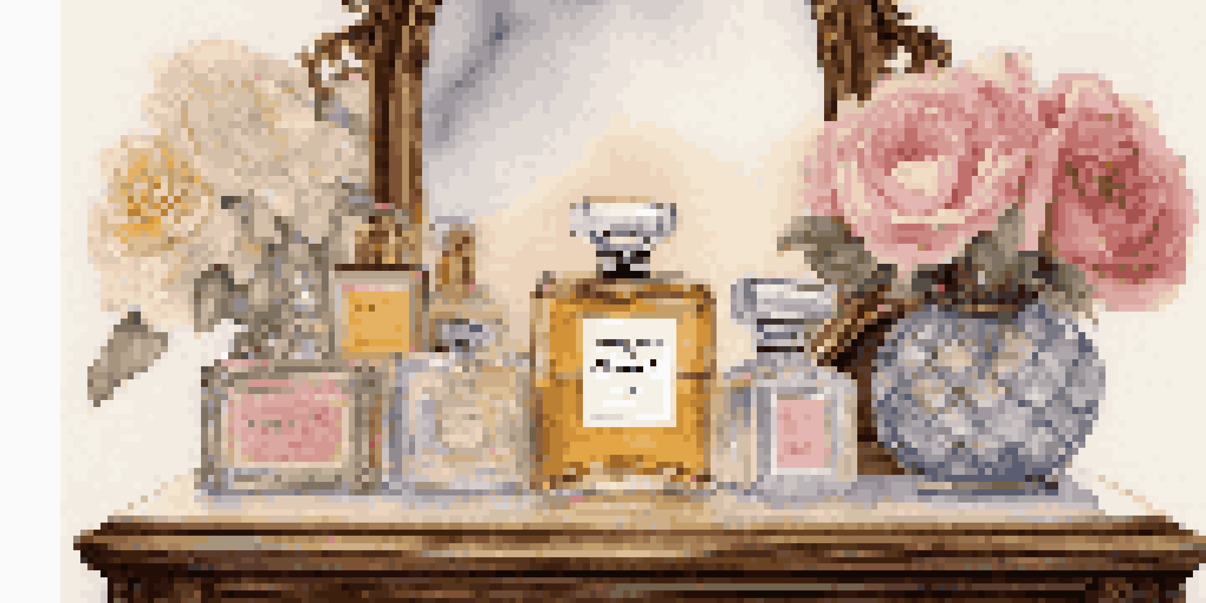 A vintage perfume display with iconic bottles on an antique wooden vanity, softly lit with flowers nearby.