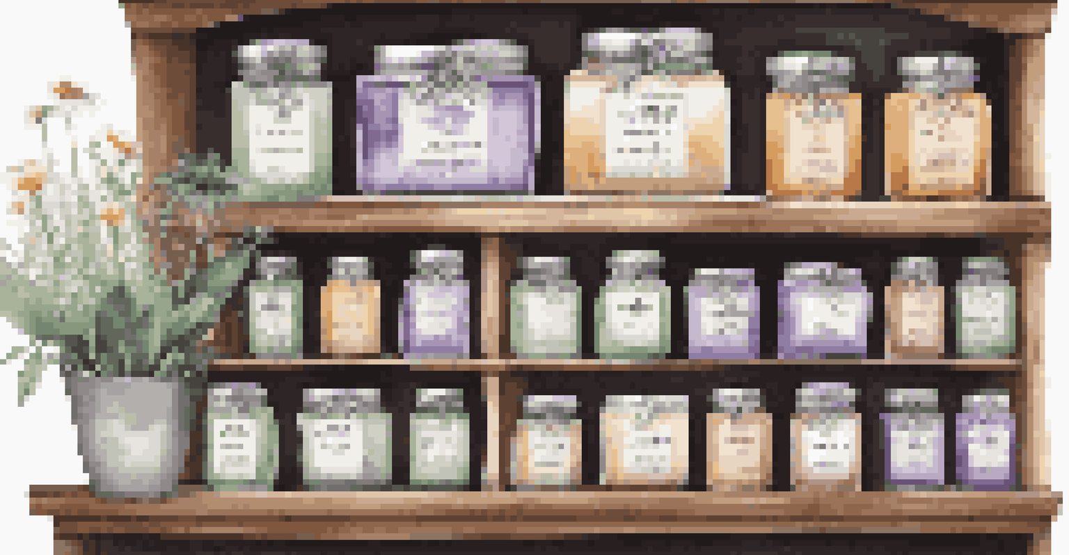 A collection of beautifully packaged luxury soaps on a rustic wooden shelf, showcasing various natural ingredients.