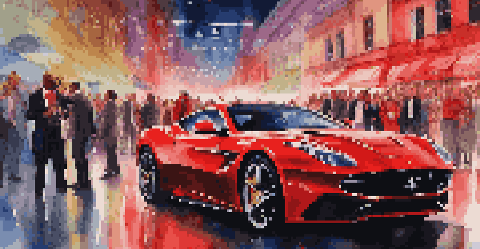 A celebrity in front of a fleet of luxury cars, including a red Ferrari and a black Rolls Royce, surrounded by colorful lights and fans.