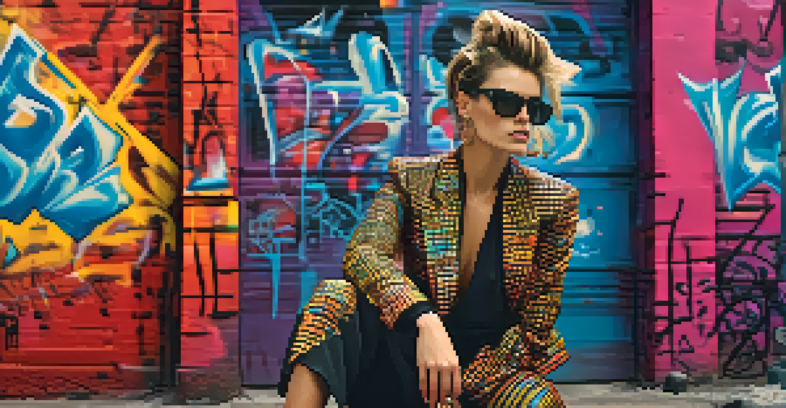 A model in a bold 1980s power suit, posed confidently in front of vibrant graffiti art, with dramatic lighting enhancing the scene.