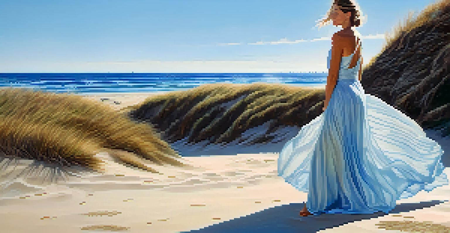 A model in a flowing dress made from recycled materials, posing on a beach with gentle waves.