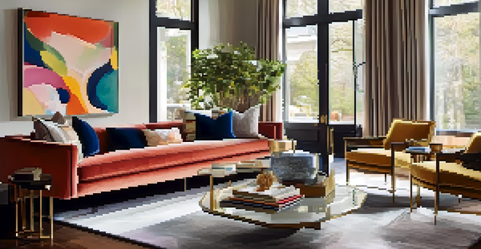 A lavish living room with a colorful abstract painting, soft furnishings, and a bright atmosphere created by natural light.