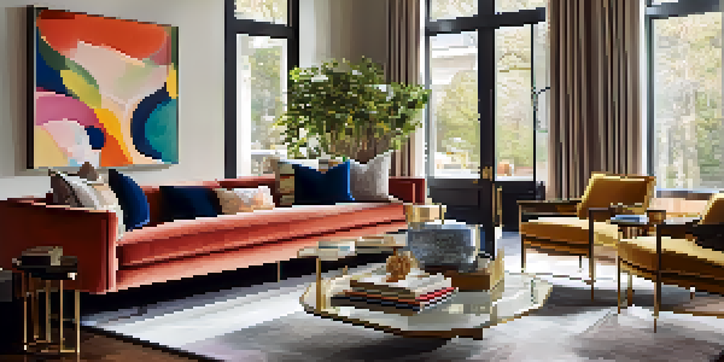 A lavish living room with a colorful abstract painting, soft furnishings, and a bright atmosphere created by natural light.