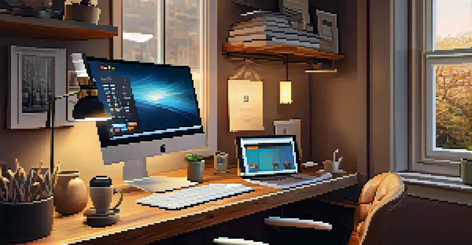 A cozy workspace with adjustable smart lighting, a wooden desk, and a coffee maker, creating a warm ambiance.