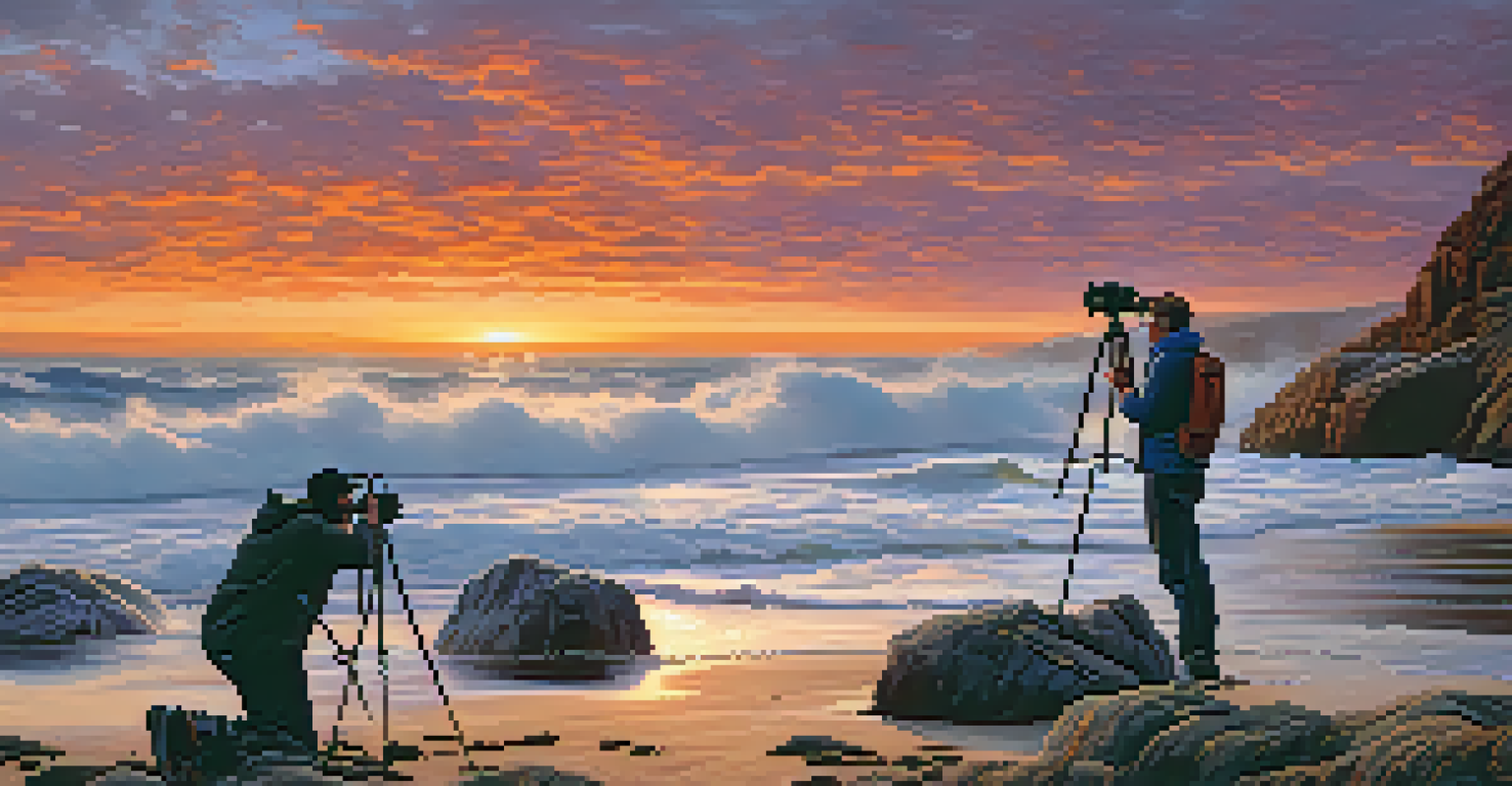 A photographer on a rocky beach capturing a sunset with a high-end camera and tripod.