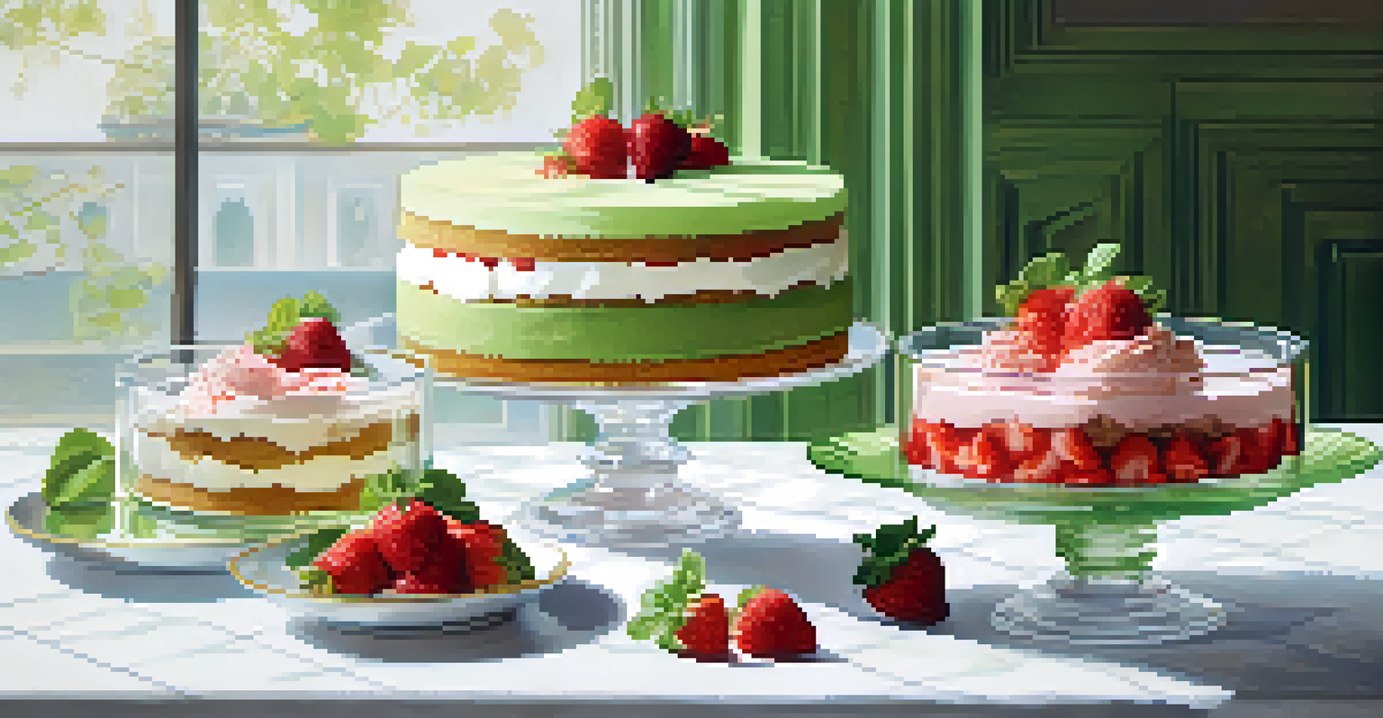 A beautiful dessert table featuring seasonal desserts like strawberry shortcake, basil sorbet, and matcha tiramisu, decorated with fresh fruit and natural light.