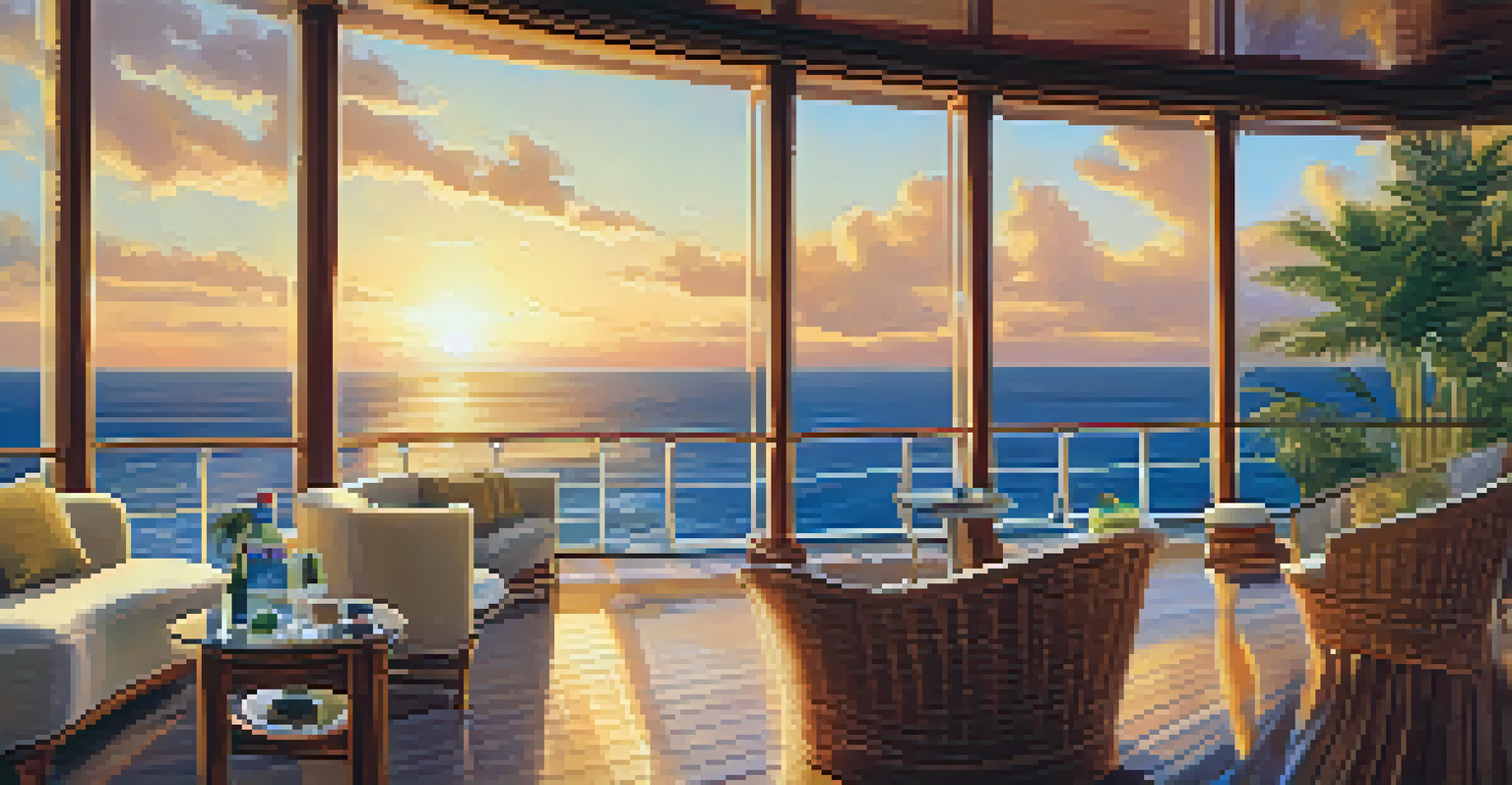 A panoramic view of a luxury cruise ship deck at sunset, featuring lounge chairs, a pool, and guests enjoying cocktails against a stunning ocean backdrop.