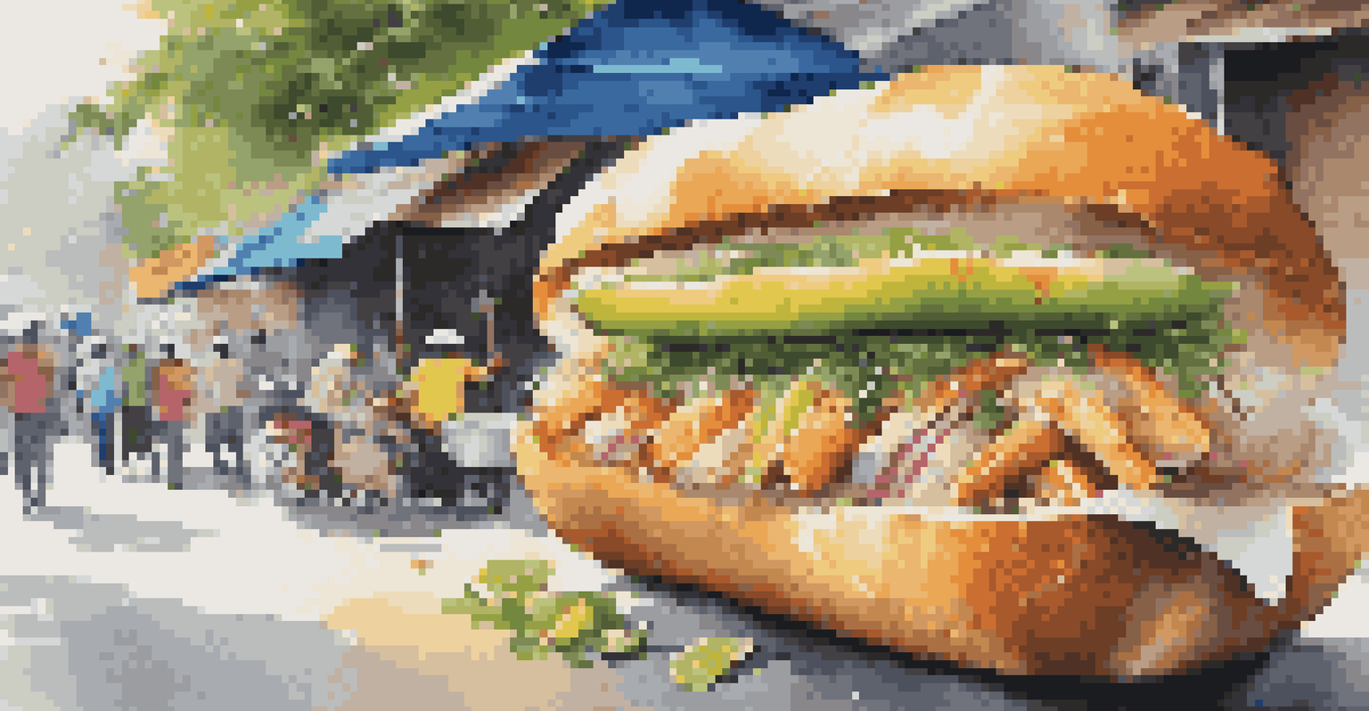 A Vietnamese street food setting with coffee and banh mi sandwich, surrounded by colorful market ingredients.