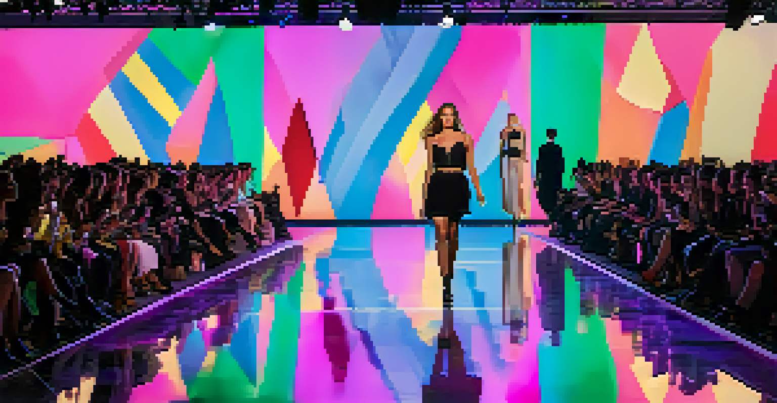 A hybrid fashion show featuring live models and a digital screen displaying animated designs, with a vibrant atmosphere.