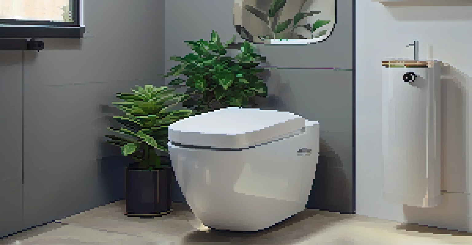 An elegant high-tech toilet in a stylish bathroom with quartz countertops and adjustable LED lighting, complemented by a potted plant.