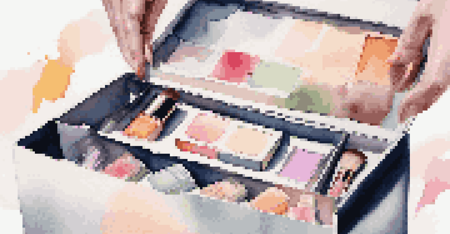 A hand reaching into a partially opened luxury makeup subscription box, revealing colorful beauty products.