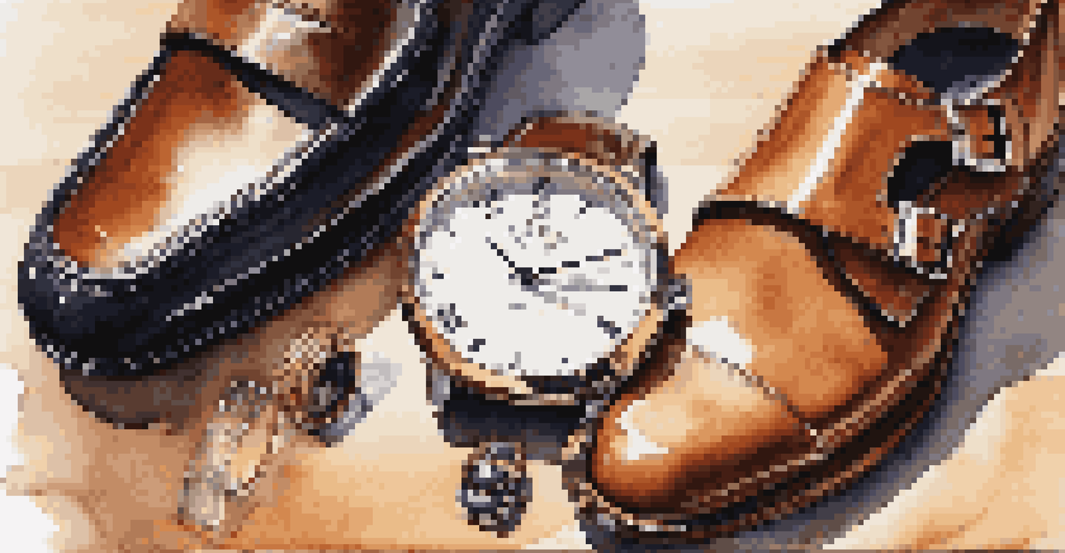 A close-up view of a high-end watch, leather belt, and unique shoes displayed on a wooden table with warm lighting.