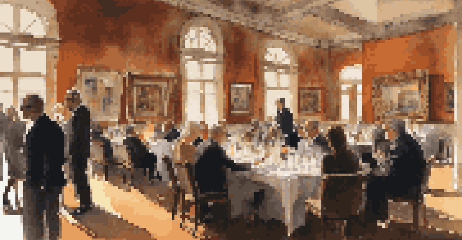 A cozy private auction with collectors bidding on exquisite art pieces in a warm setting.