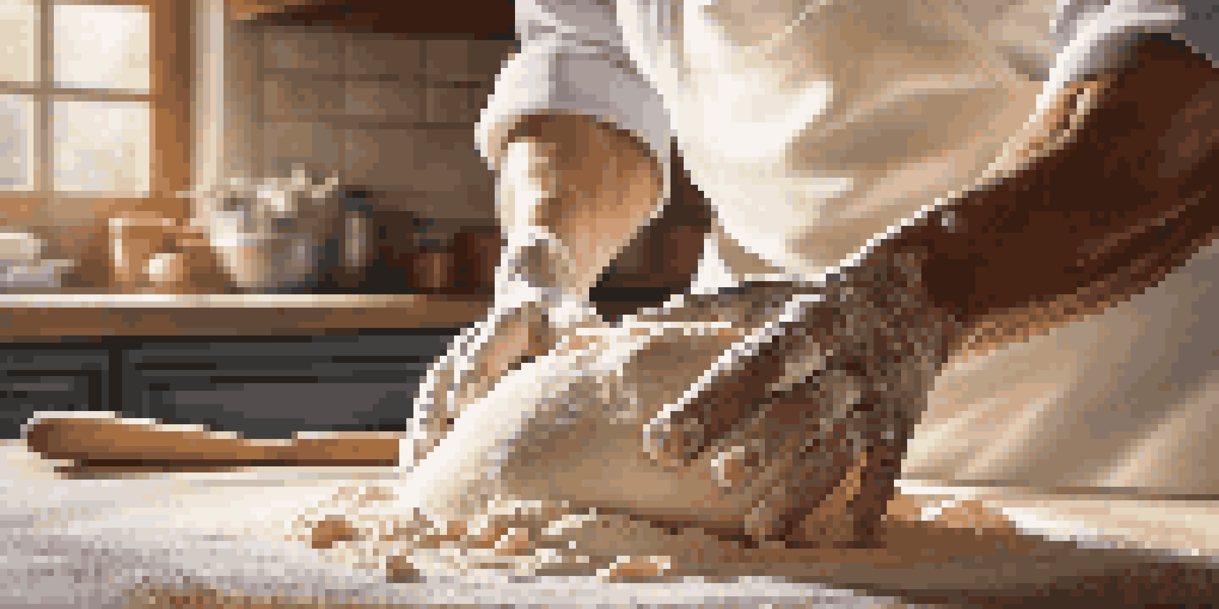 A close-up of a chef's hands kneading dough on a flour-dusted countertop in a warm kitchen.
