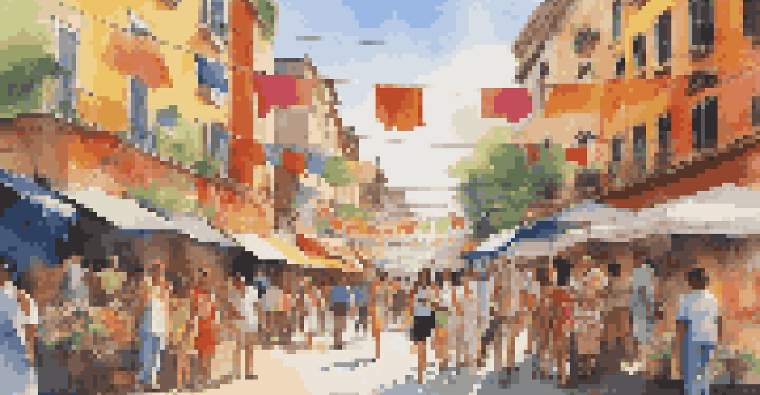 A lively city street with colorful murals during a cultural festival, featuring local artists and visitors enjoying the art.