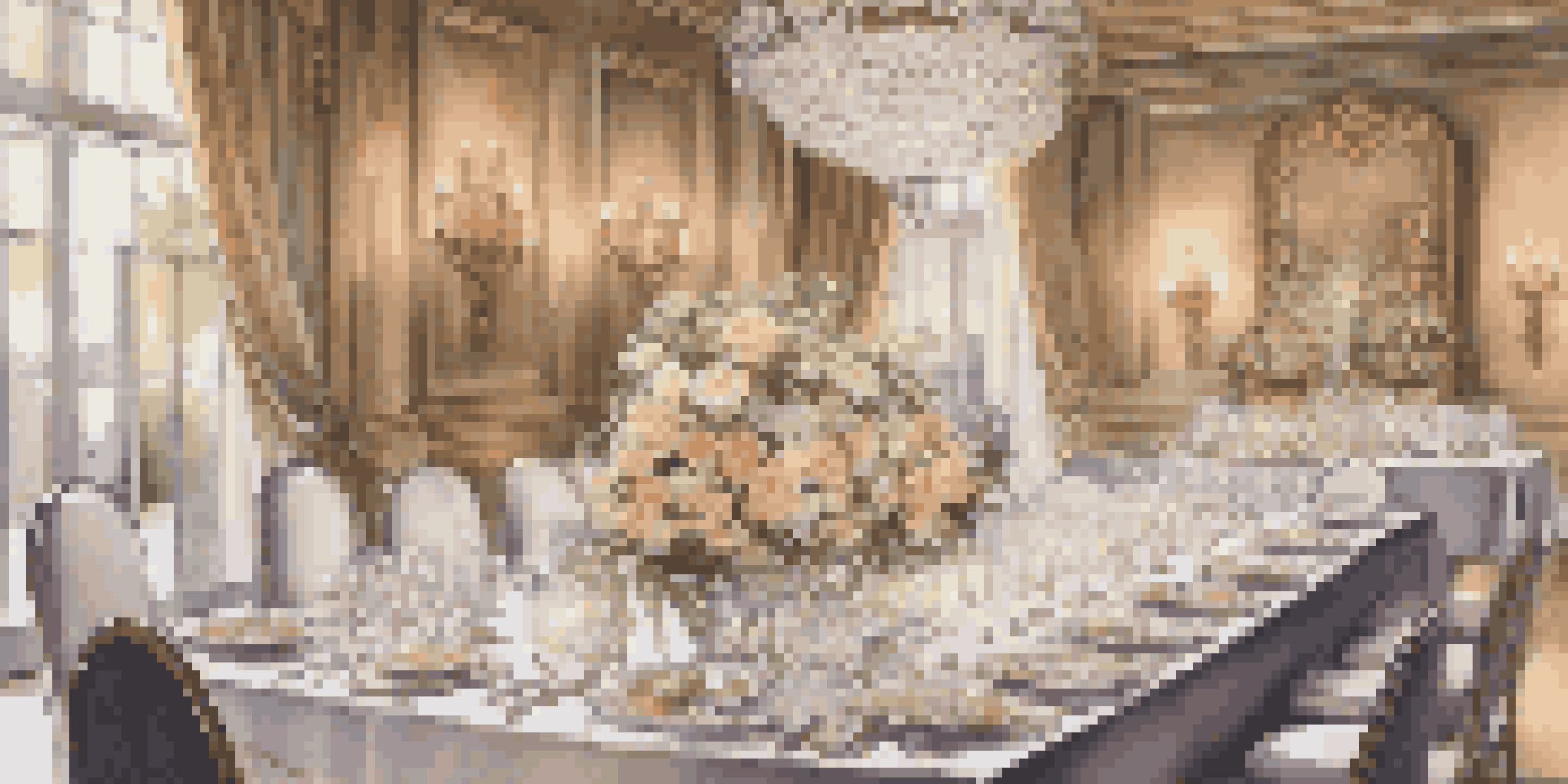 A beautifully arranged dining table with fine china and floral decorations, set in an elegant atmosphere.